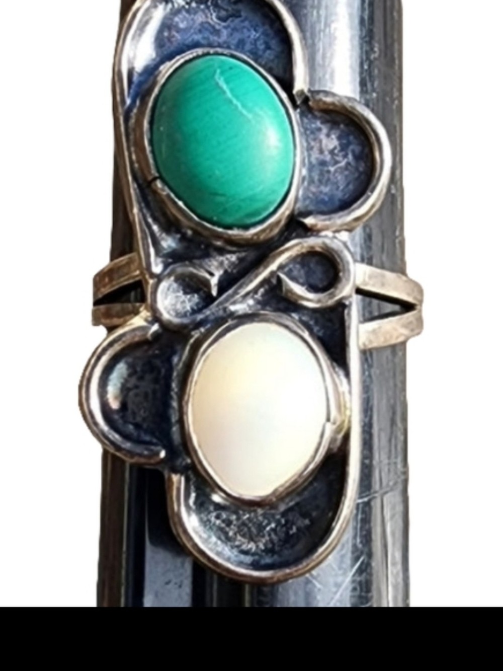 Sterling Silver Double Stone Ring with Green and Cream Cabochons Native American